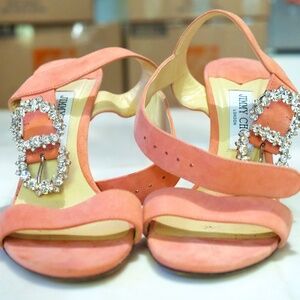 Jimmy Choo Pink Suede Crystal Embellishments Mules With Strap